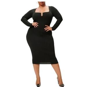 Good American Black Uneck Long Sleeve Jersey Knit Bodycon Midi Dress Size 1